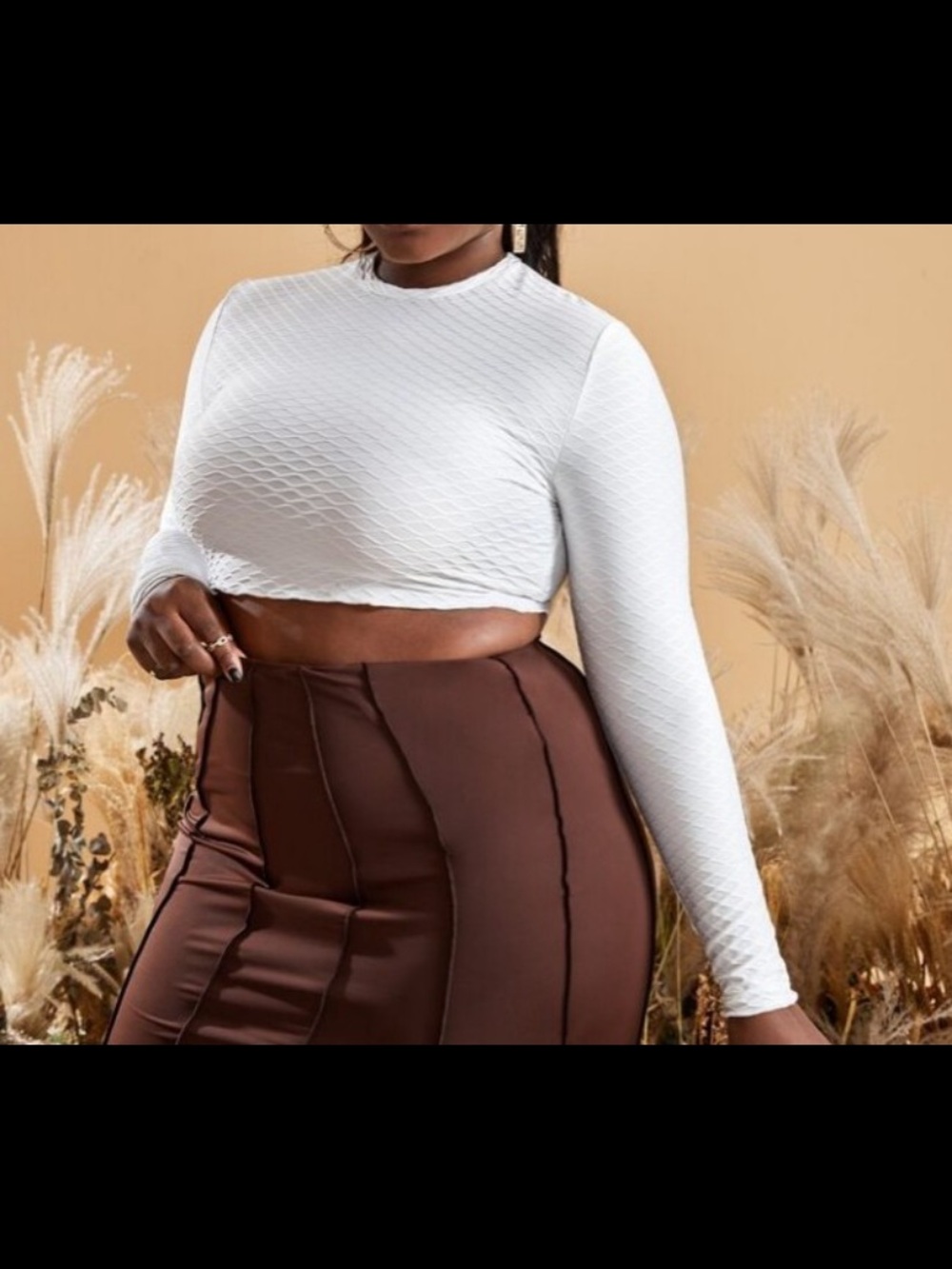 White Long Sleeve Textured Crop Top
